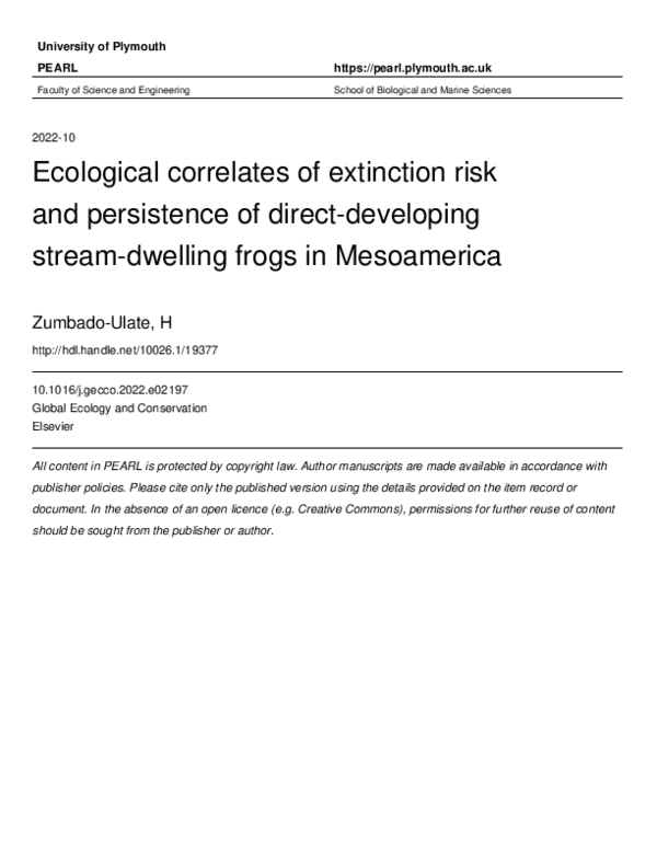 (PDF) Ecological correlates of extinction risk and persistence of ...