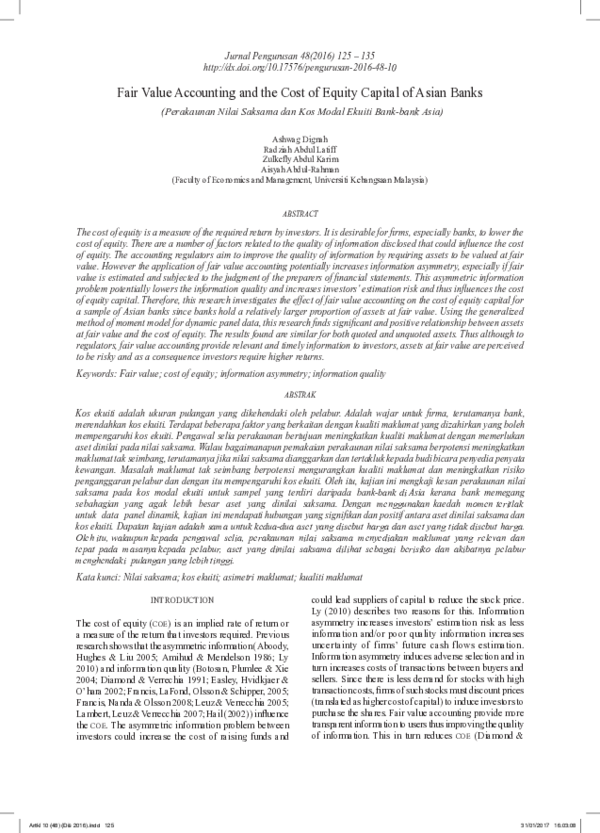 (PDF) Fair Value Accounting and the Cost of Equity Capital of Asian Banks