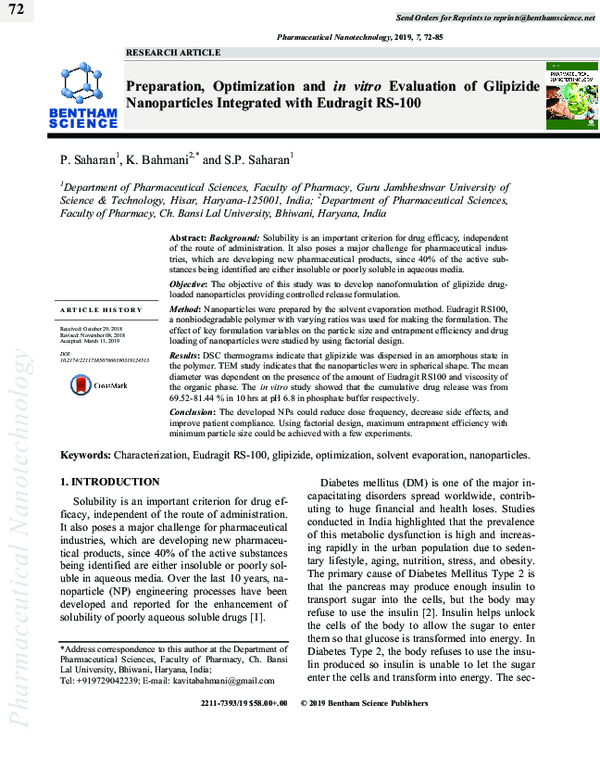(PDF) Preparation, Optimization and In vitro Evaluation of Glipizide ...