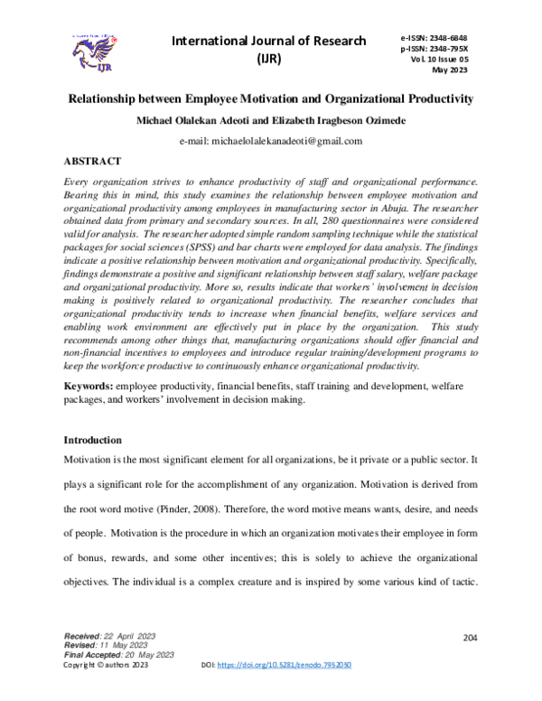 (PDF) Relationship between Employee Motivation and Organizational ...