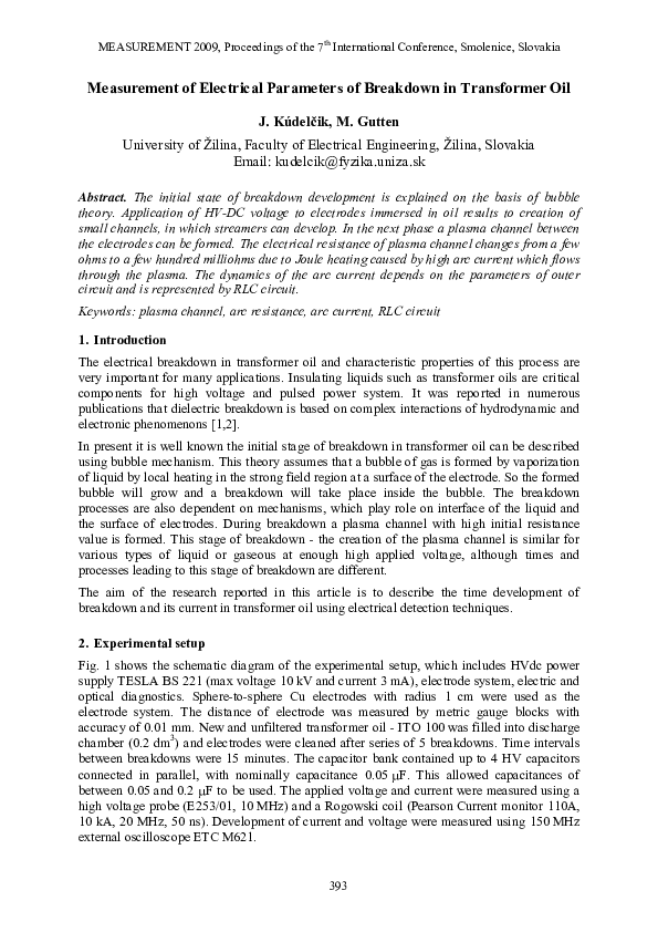 (PDF) Measurement of Electrical Parameters of Breakdown in Transformer Oil