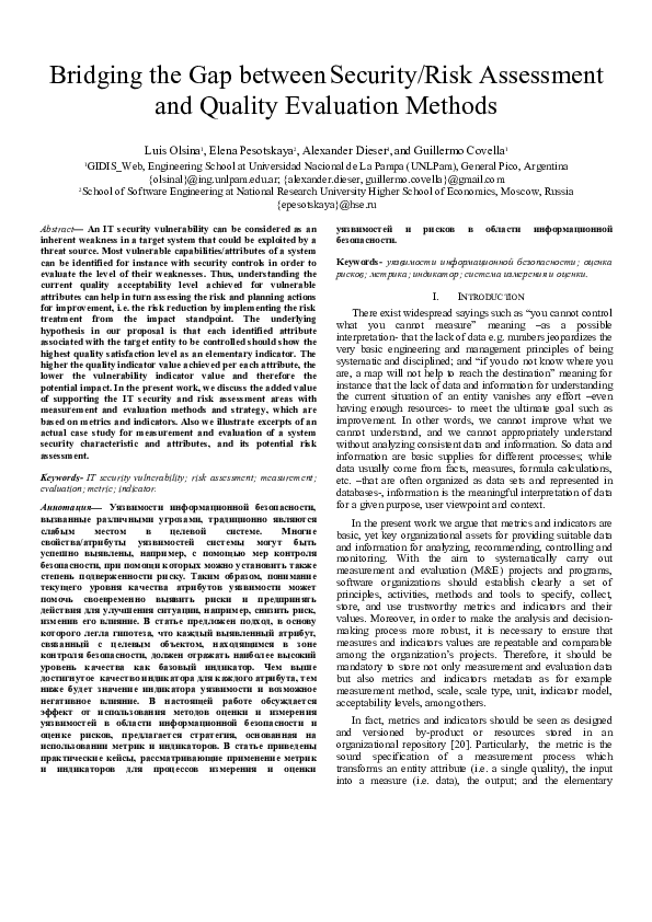 (PDF) Bridging the Gap between Security/Risk Assessment and Quality ...
