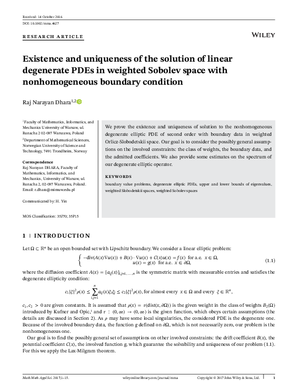 (PDF) Existence and uniqueness of the solution of linear degenerate ...