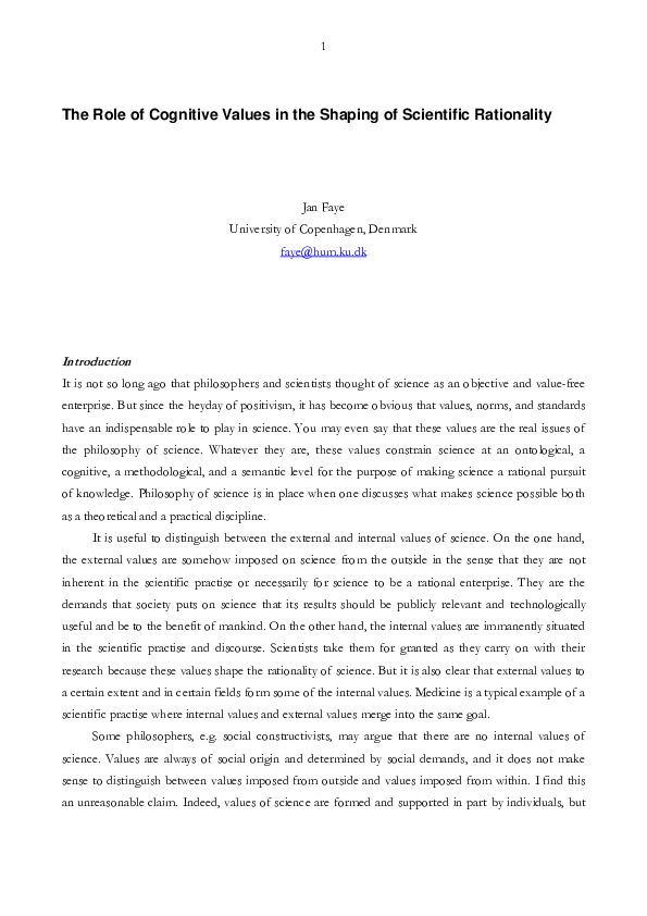(PDF) The Role of Cognitive Values in the Shaping of Scientific Rationality
