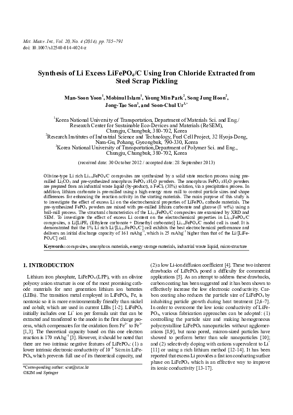 (PDF) Synthesis of Li excess LiFePO4/C using iron chloride extracted ...
