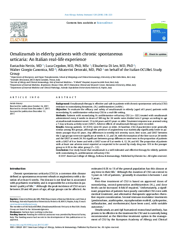 (PDF) Omalizumab in elderly patients with chronic spontaneous urticaria ...
