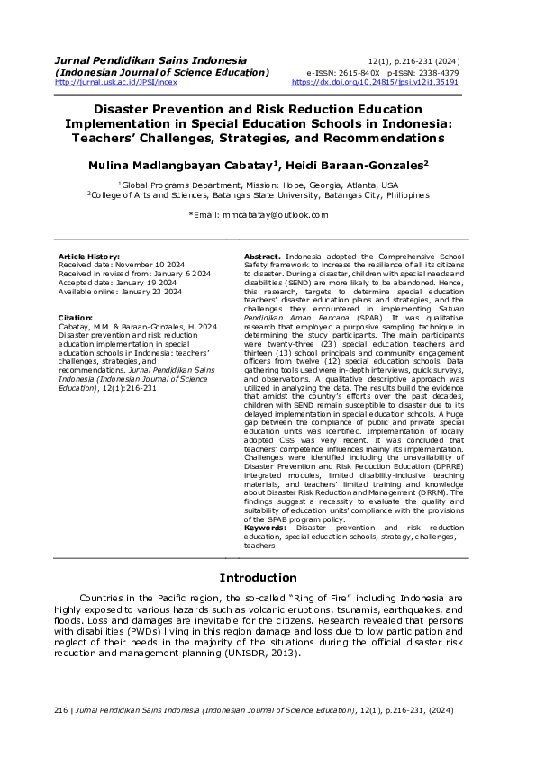 Pdf Disaster Prevention And Risk Reduction Education Implementation