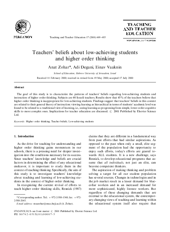 (PDF) Teachers’ Beliefs About Low Achieving Students and Higher Order ...