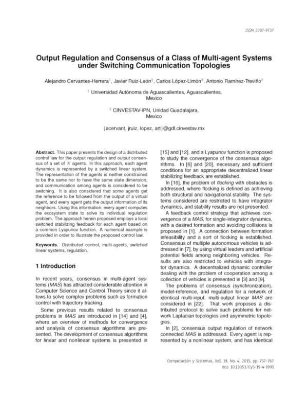(PDF) Output regulation and consensus of a class of multi-agent systems ...