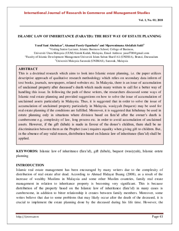 (PDF) ISLAMIC LAW OF INHERITANCE (FARA'ID): THE BEST WAY OF ESTATE PLANNING