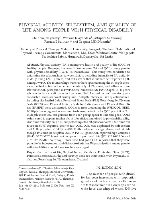 (PDF) Physical Activity, Self-Esteem, and Quality of Life Among People ...