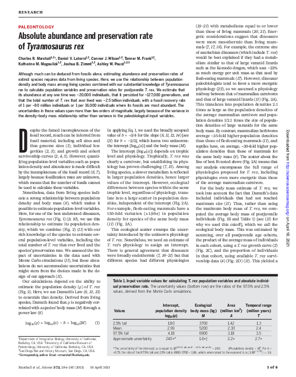 (PDF) Absolute abundance and preservation rate of Tyrannosaurus rex