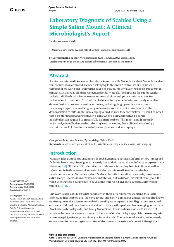 (PDF) Laboratory Diagnosis of Scabies Using a Simple Saline Mount: A ...