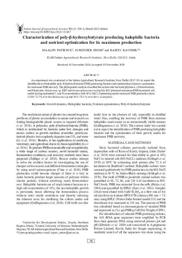 (PDF) Characterization of poly-β-hydroxybutyrate producing halophilic ...