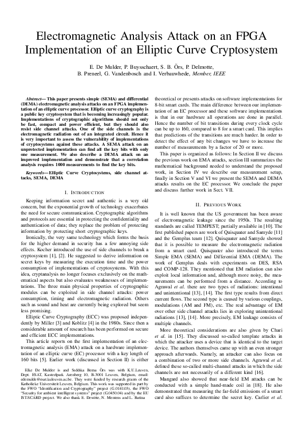 (PDF) Electromagnetic Analysis Attack on an FPGA Implementation of an ...