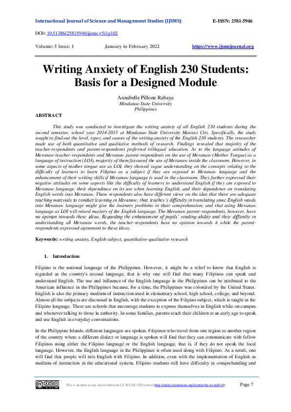 (PDF) Writing Anxiety of English 230 Students: Basis for a Designed Module