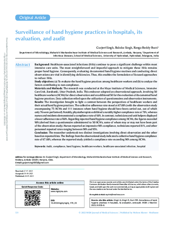 (PDF) Surveillance of hand hygiene practices in hospitals, its ...