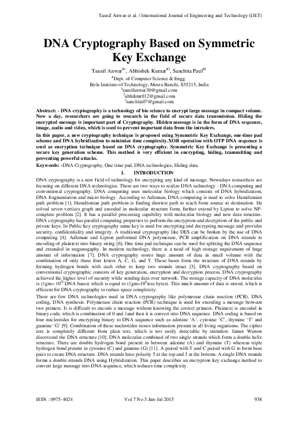 (PDF) DNA Cryptography Based on Symmetric Key Exchange