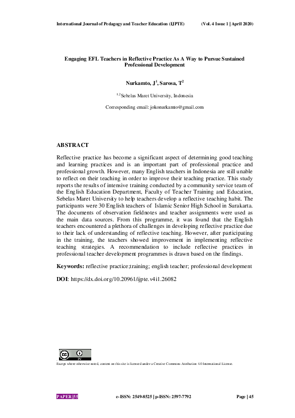 (PDF) Engaging EFL Teachers in Reflective Practice as A Way to Pursue ...