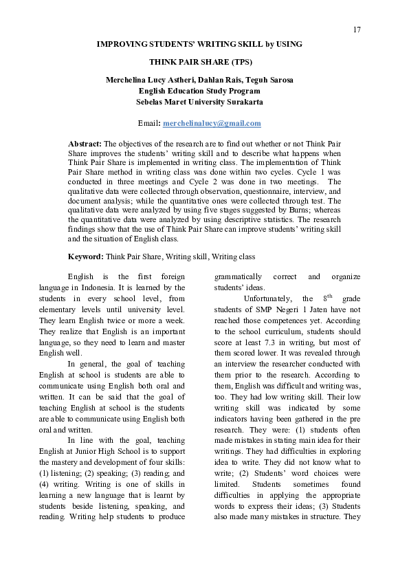 (PDF) Improving Students’ Reading Skill by Using Think-Pair-Share (TPS)
