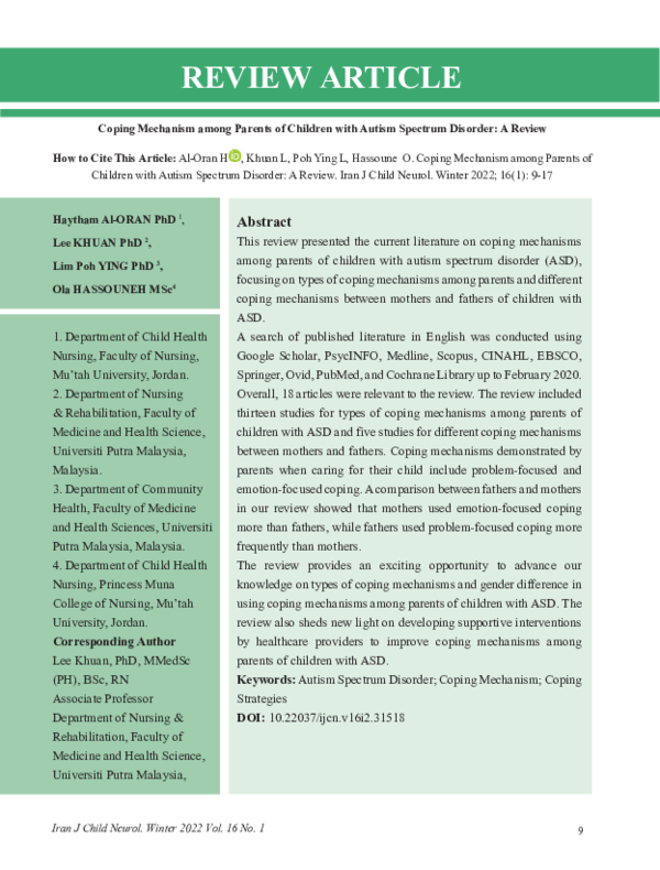 (PDF) Coping Mechanism among Parents of Children with Autism Spectrum ...