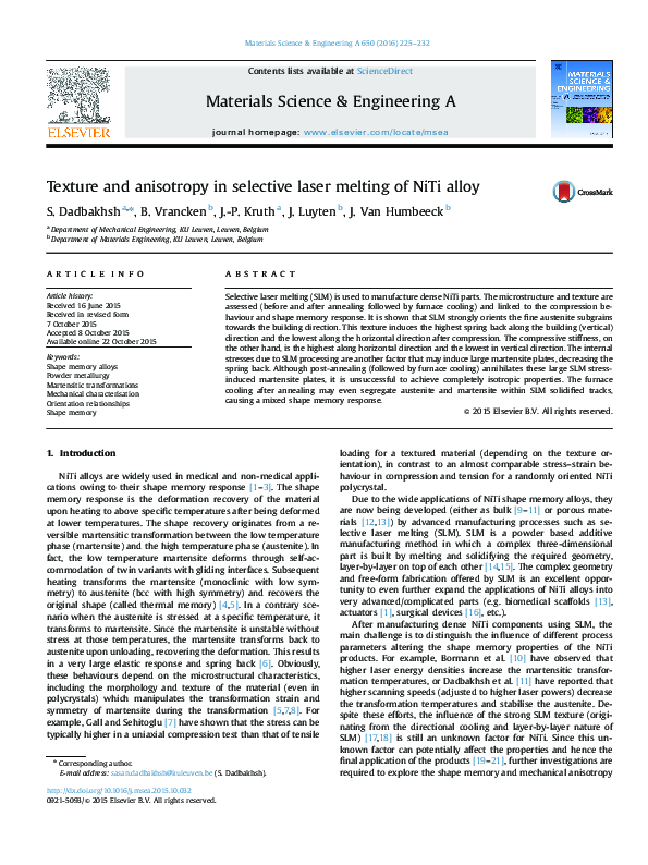 (PDF) Texture and anisotropy in selective laser melting of NiTi alloy