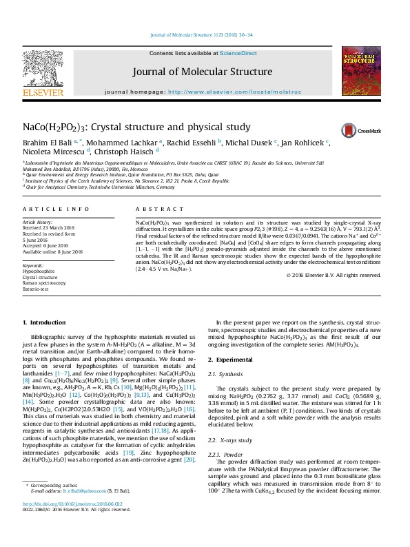 (PDF) NaCo(H2PO2)3: Crystal structure and physical study