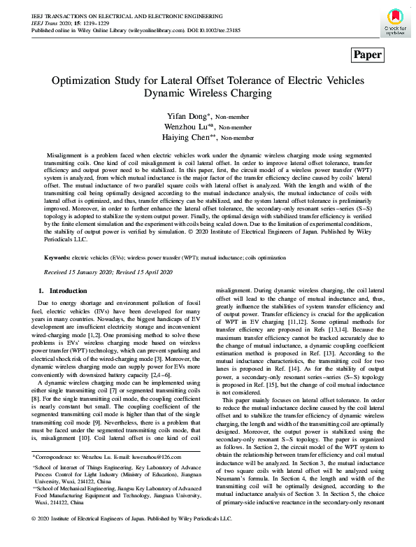 (PDF) Optimization Study for Lateral Offset Tolerance of Electric ...