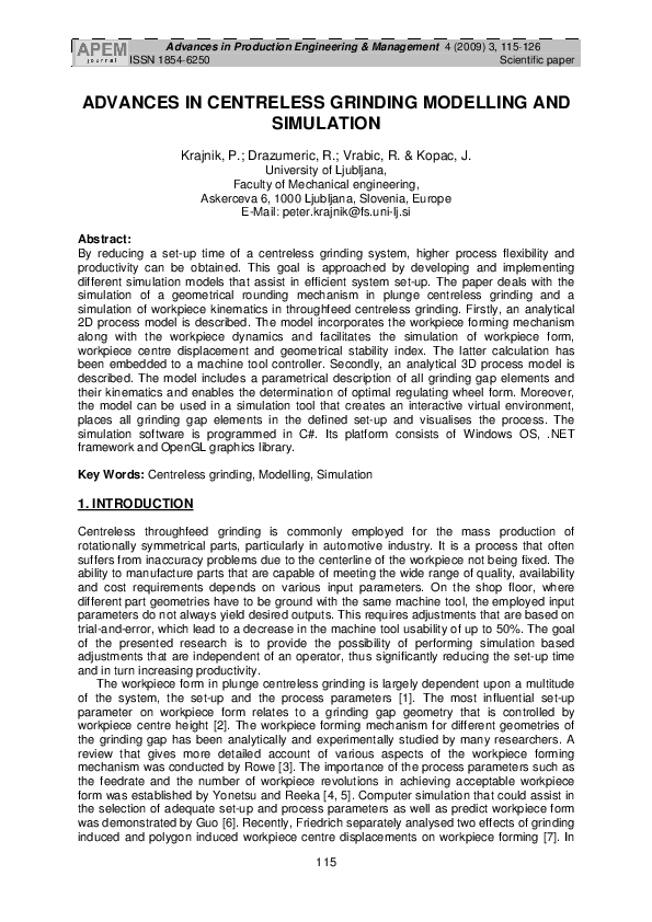 (PDF) Advances in Centreless Grinding Modelling and Simulation
