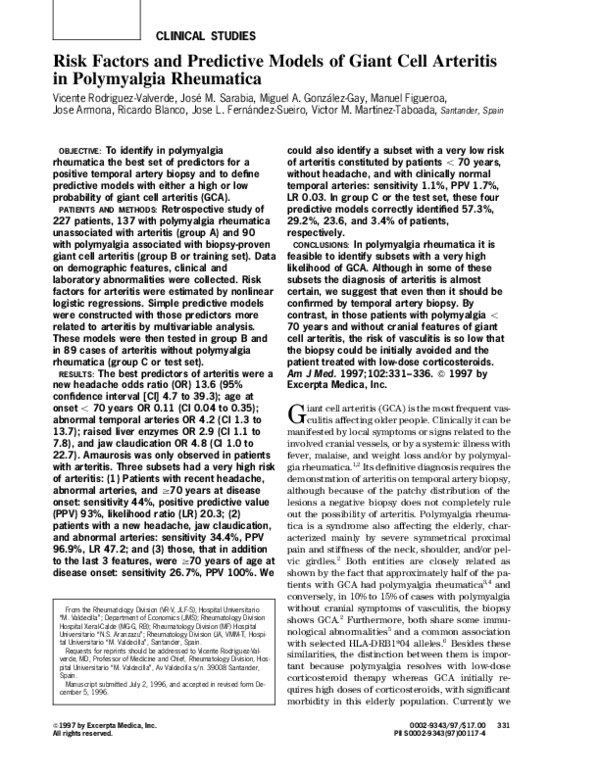 (PDF) Risk Factors and Predictive Models of Giant Cell Arteritis in ...