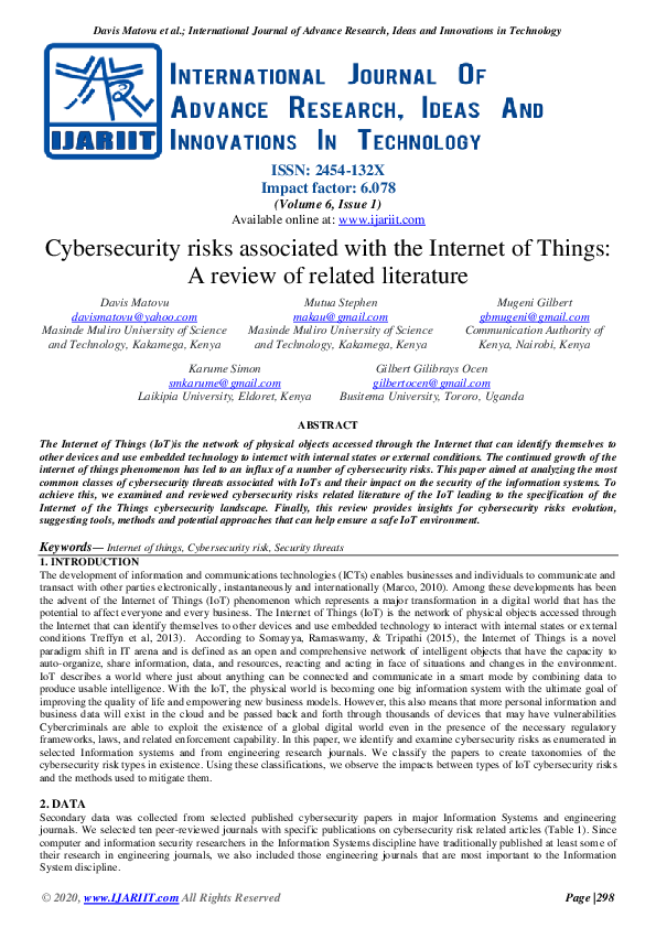 (PDF) Cybersecurity risks associated with the Internet of Things: A ...