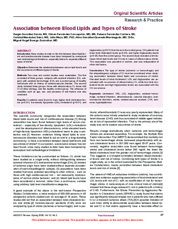 (PDF) Association between Blood Lipids and Types of Stroke