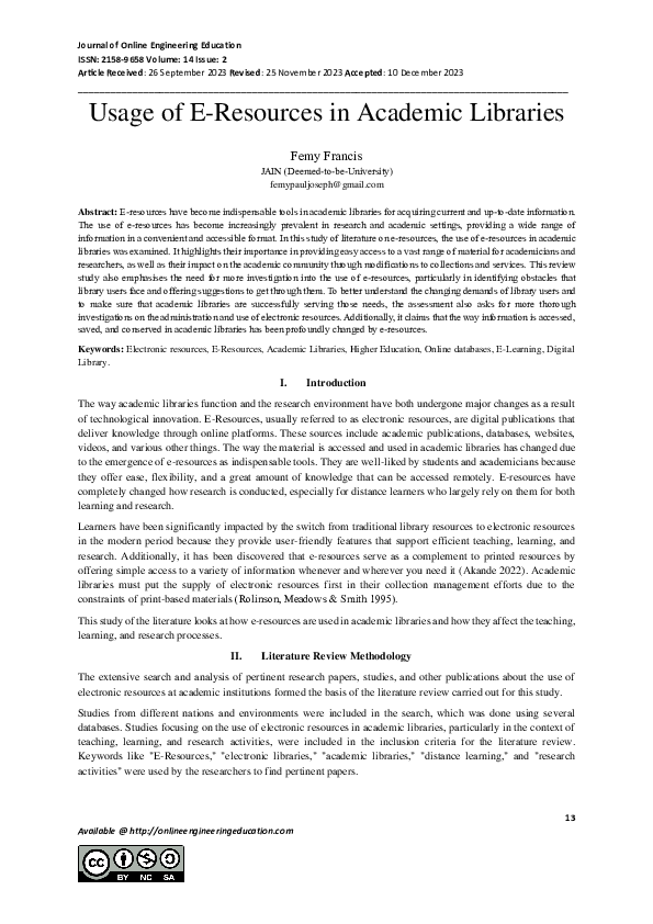 (PDF) Usage of E-Resources in Academic Libraries