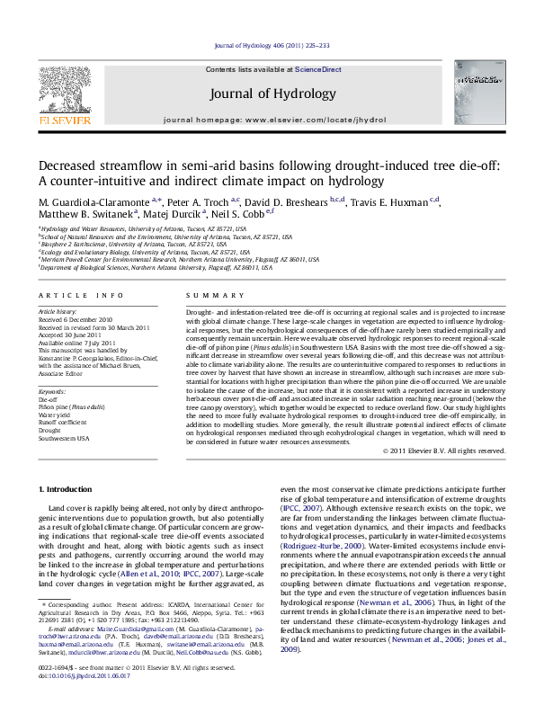Decreased streamflow in semi-arid basins following drought-induced tree die-off: A counter-intuitive and indirect climate impact on hydrology