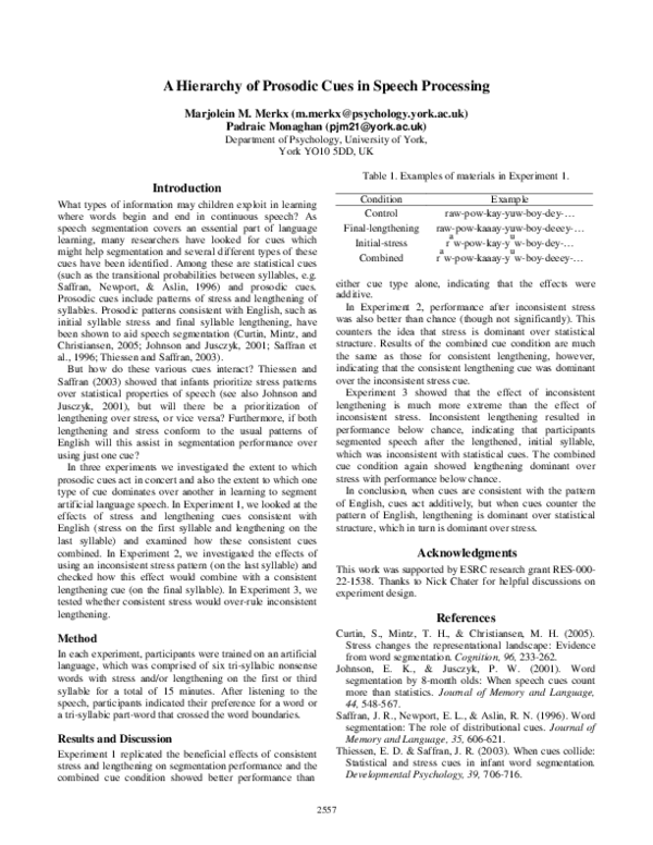 (PDF) A Hierarchy of Prosodic Cues in Speech Processing
