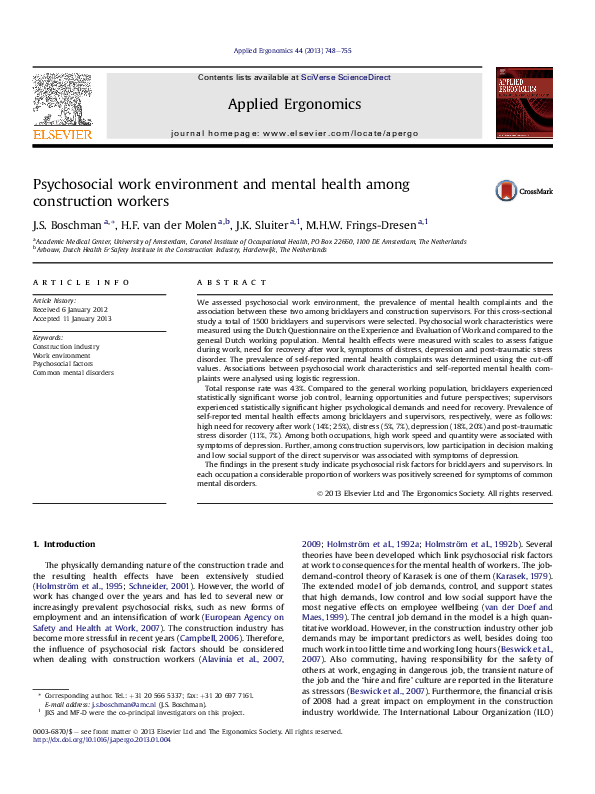 (PDF) Psychosocial work environment and mental health among ...