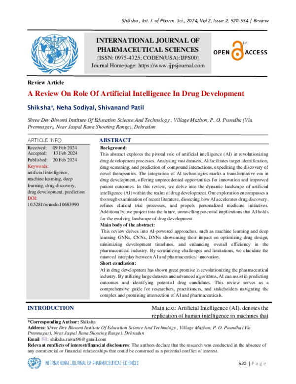 (PDF) A Review On Role Of Artificial Intelligence In Drug Development