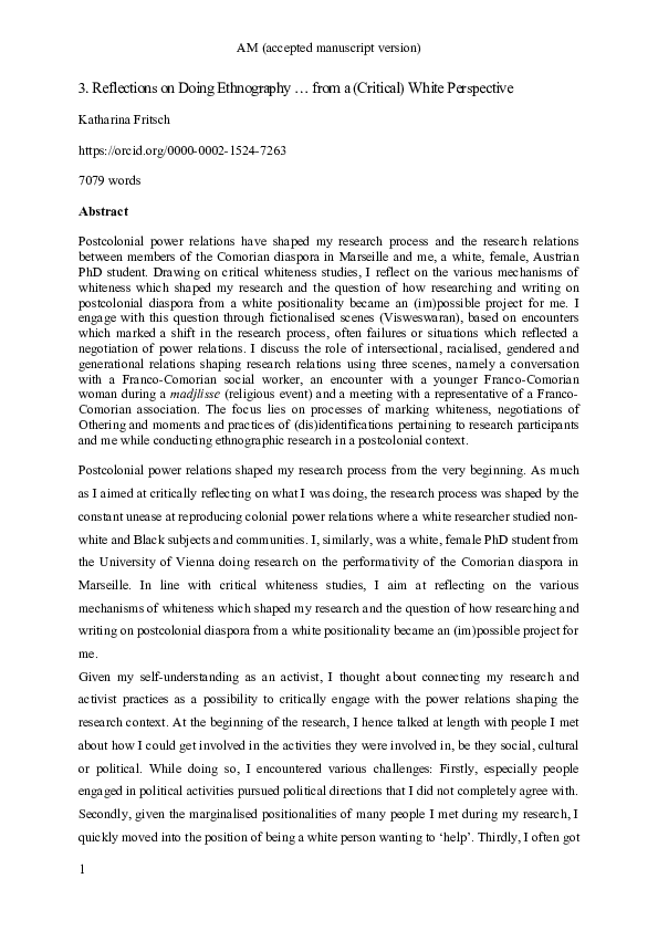 (DOC) 3. Reflections on Doing Ethnography … from a (Critical) White ...