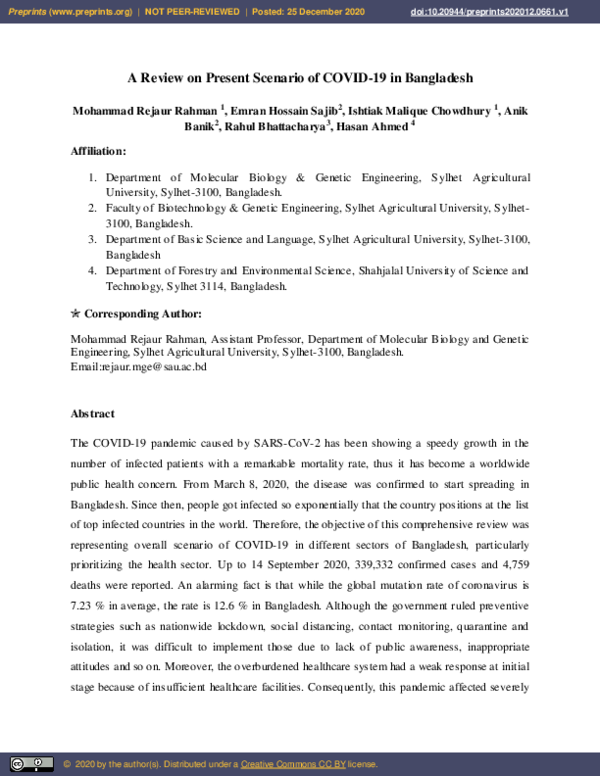 (PDF) A Review on Present Scenario of COVID-19 in Bangladesh