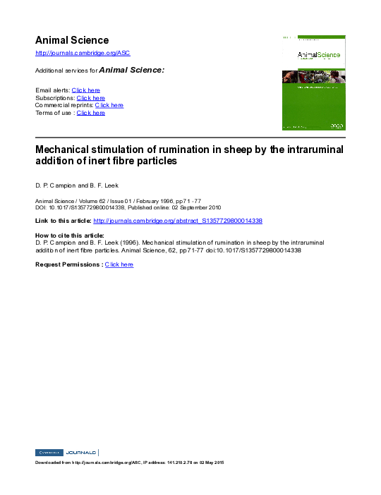 (PDF) Mechanical stimulation of rumination in sheep by the intraruminal ...