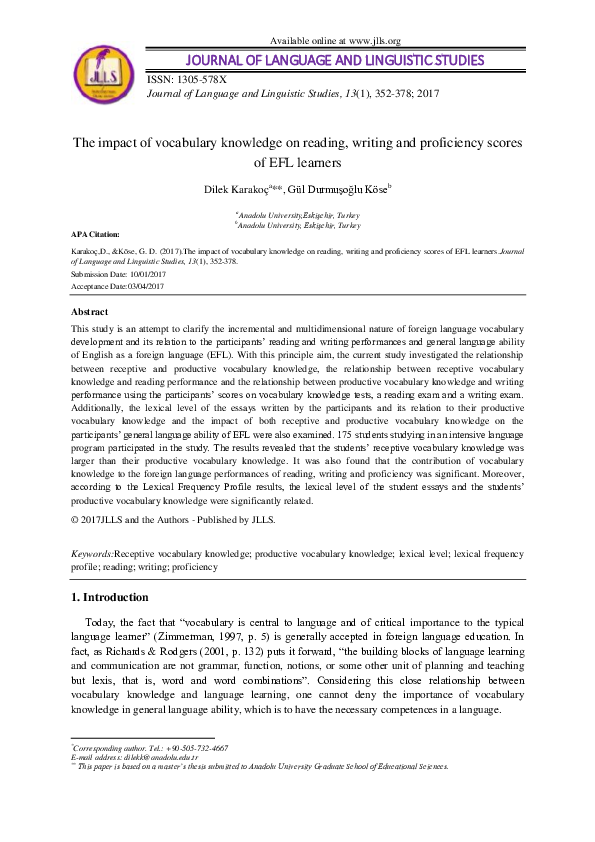 (PDF) The impact of vocabulary knowledge on reading, writing and ...
