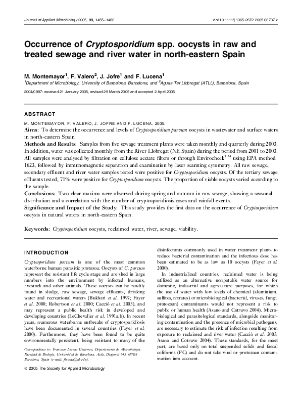 (PDF) Occurrence of Cryptosporidium spp. oocysts in raw and treated ...