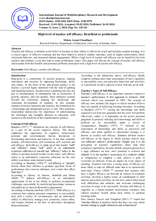 (PDF) High level of teacher self efficacy: Beneficial or problematic