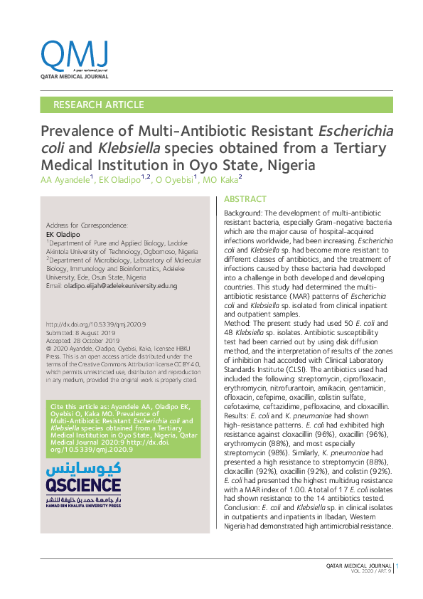 (PDF) Prevalence of Multi-Antibiotic Resistant Escherichia coli and ...