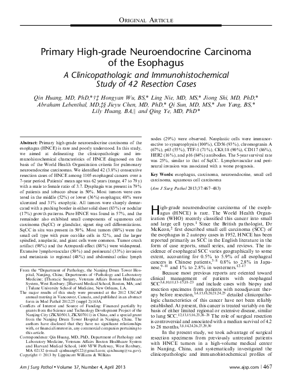 (PDF) Primary High-grade Neuroendocrine Carcinoma of the Esophagus