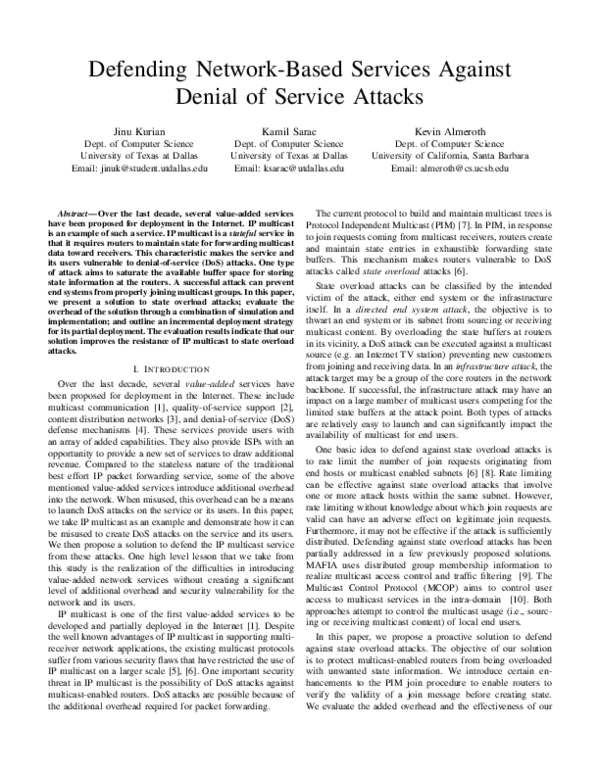 (PDF) Defending Network-Based Services Against Denial of Service Attacks