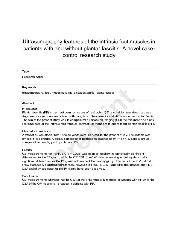 Ultrasonography features of the intrinsic foot muscles in patients with and without plantar fasciitis: A novel case-control research study