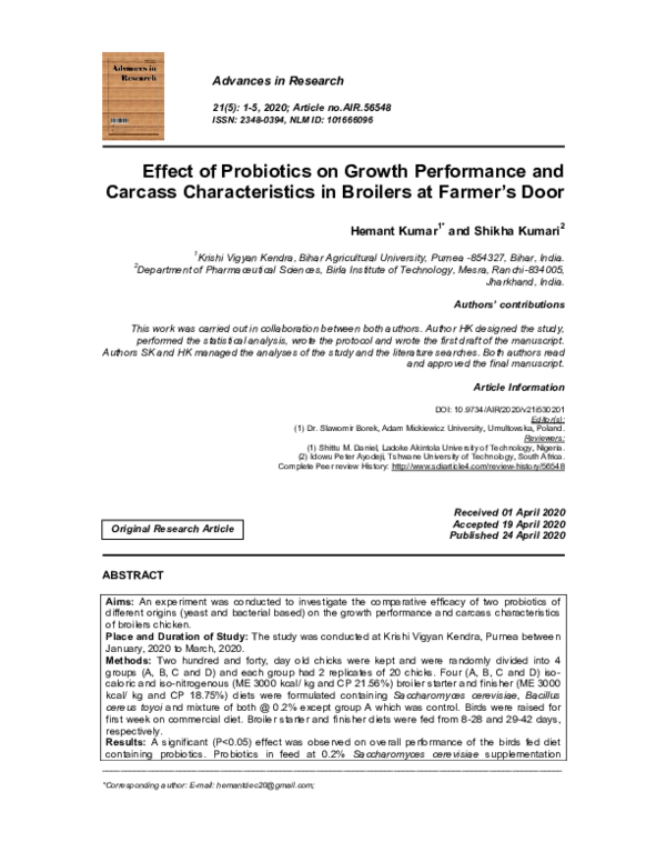 (PDF) Effect of Probiotics on Growth Performance and Carcass ...