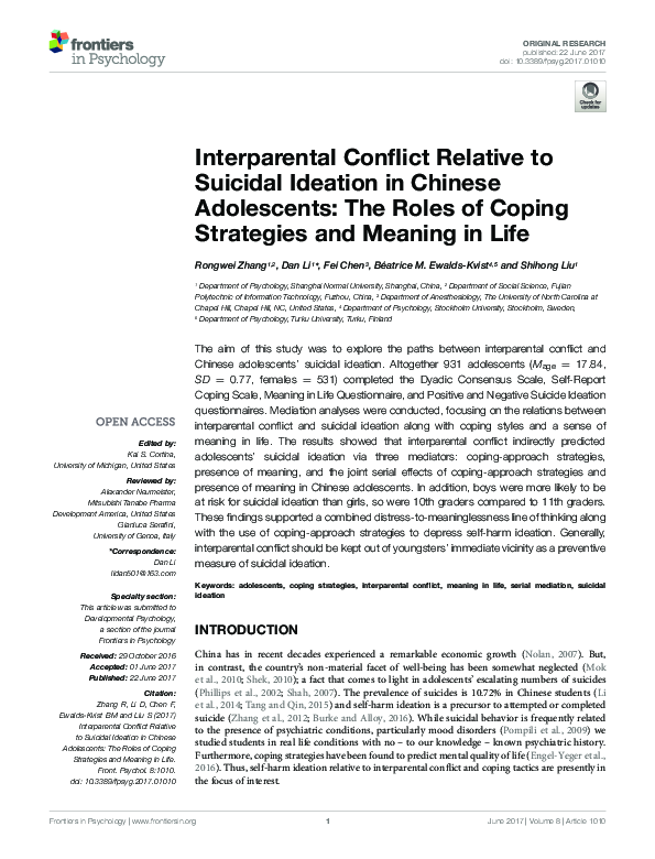 (PDF) Interparental Conflict Relative to Suicidal Ideation in Chinese ...