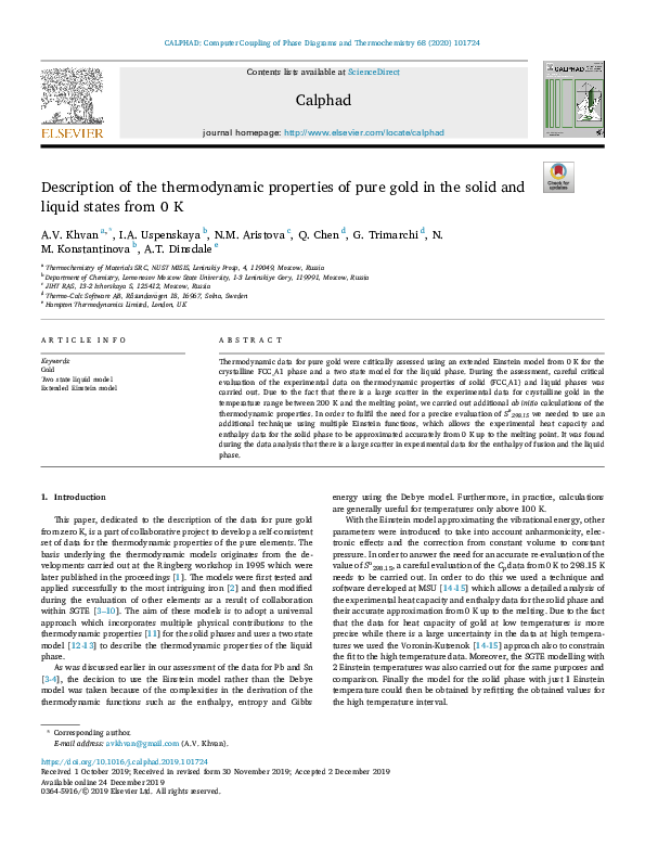 (PDF) Description of the thermodynamic properties of pure gold in the ...